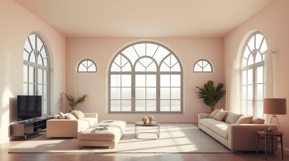 A bright living room with large arched windows, minimalist furniture, and natural light. The image illustrates how custom arched windows enhance interiors and provide energy-efficient lighting.
