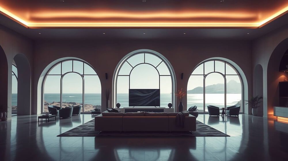 A modern living room with large arched windows offering panoramic ocean views. The image highlights bespoke aluminium window designs that maximise light and style, reflecting the content's focus on luxury homes.