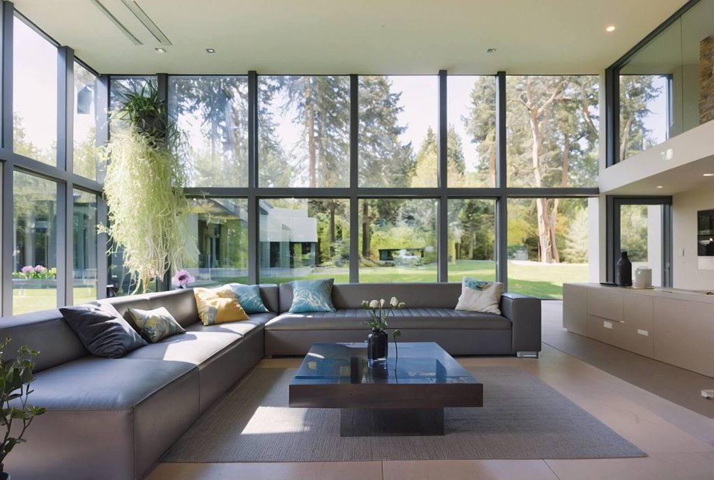 Spacious living room with large steel look aluminium windows, a grey sectional sofa, a minimalist coffee table, and abundant natural light with views of the outdoor greenery.